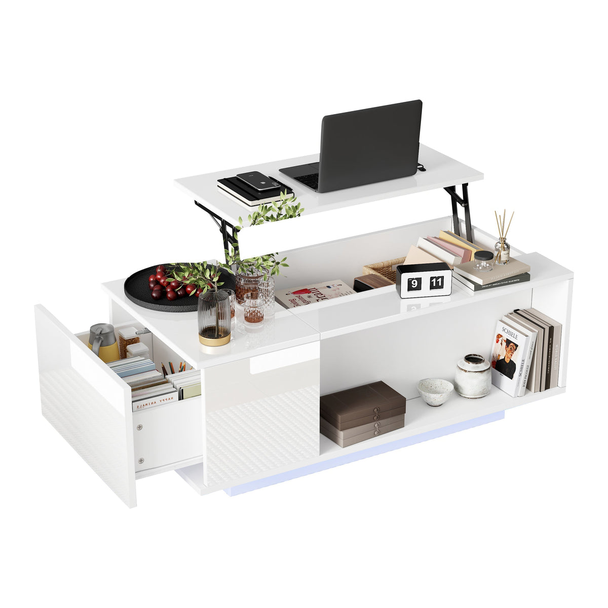 Coffee Table, Height-adjustable with Hidden Storage, LED Light & Drawer, White