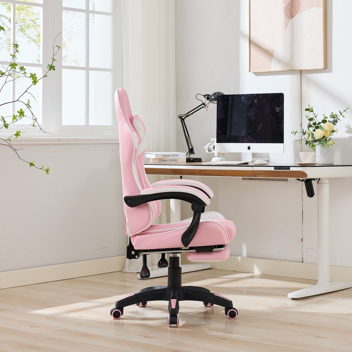 Gaming Chair Ergonomic Racing High-Back Swivel with Footrest & Lumbar Support Leather White & Pink
