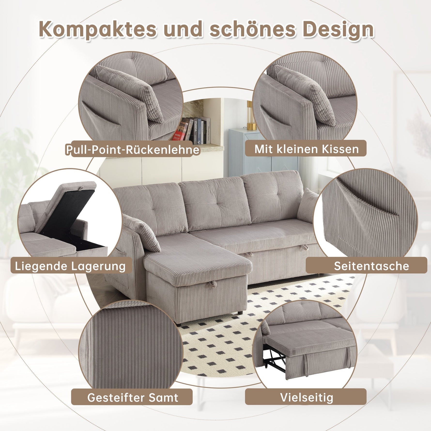 Multi-functional Sofa Bed, Modular L-Shaped Sectional with Storage and Pull-out Bed