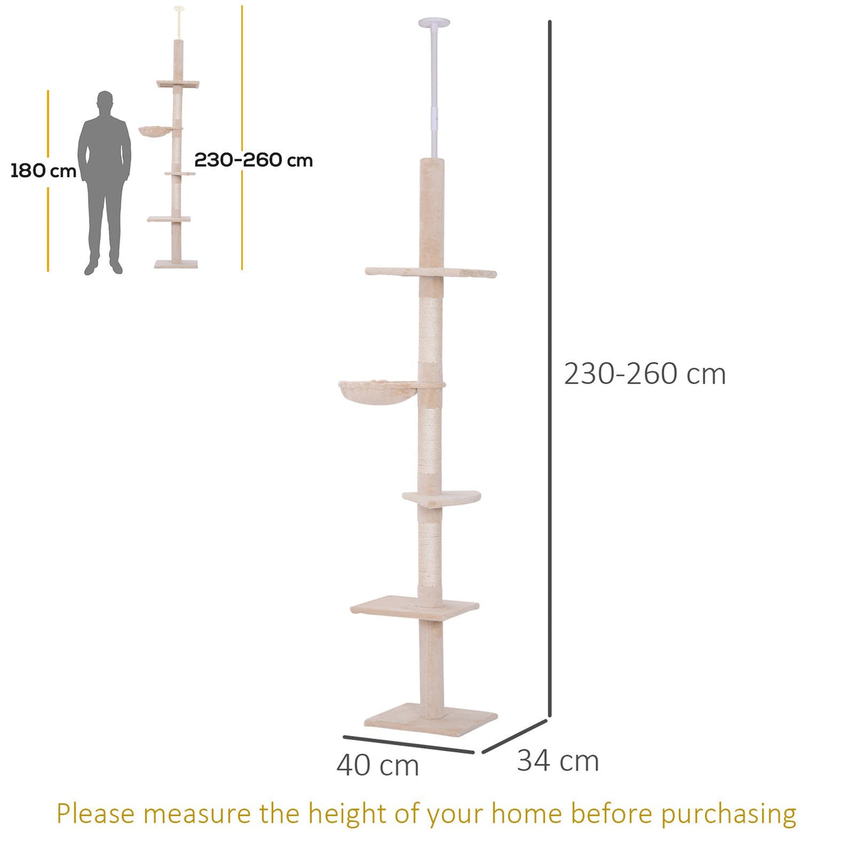 Cat Tree, Height Adjustable Climbing, Sturdy, Beige