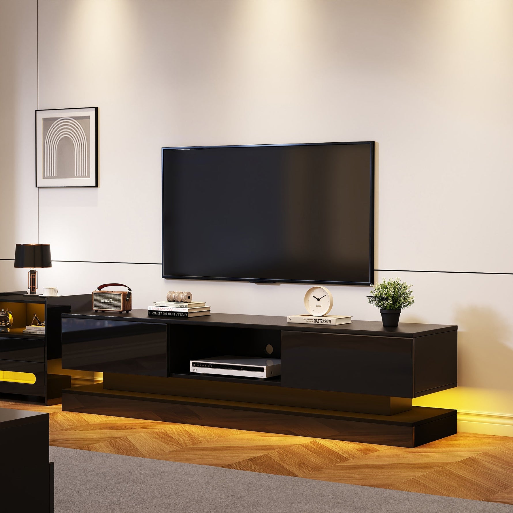 TV Stand 160cm LED Lighting 2 Drawers App Control Anti-Tip High-Gloss Black