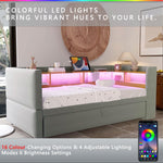 Upholstered Sofa Bed Extendable 90/180x190cm LED Lights Storage Light Grey