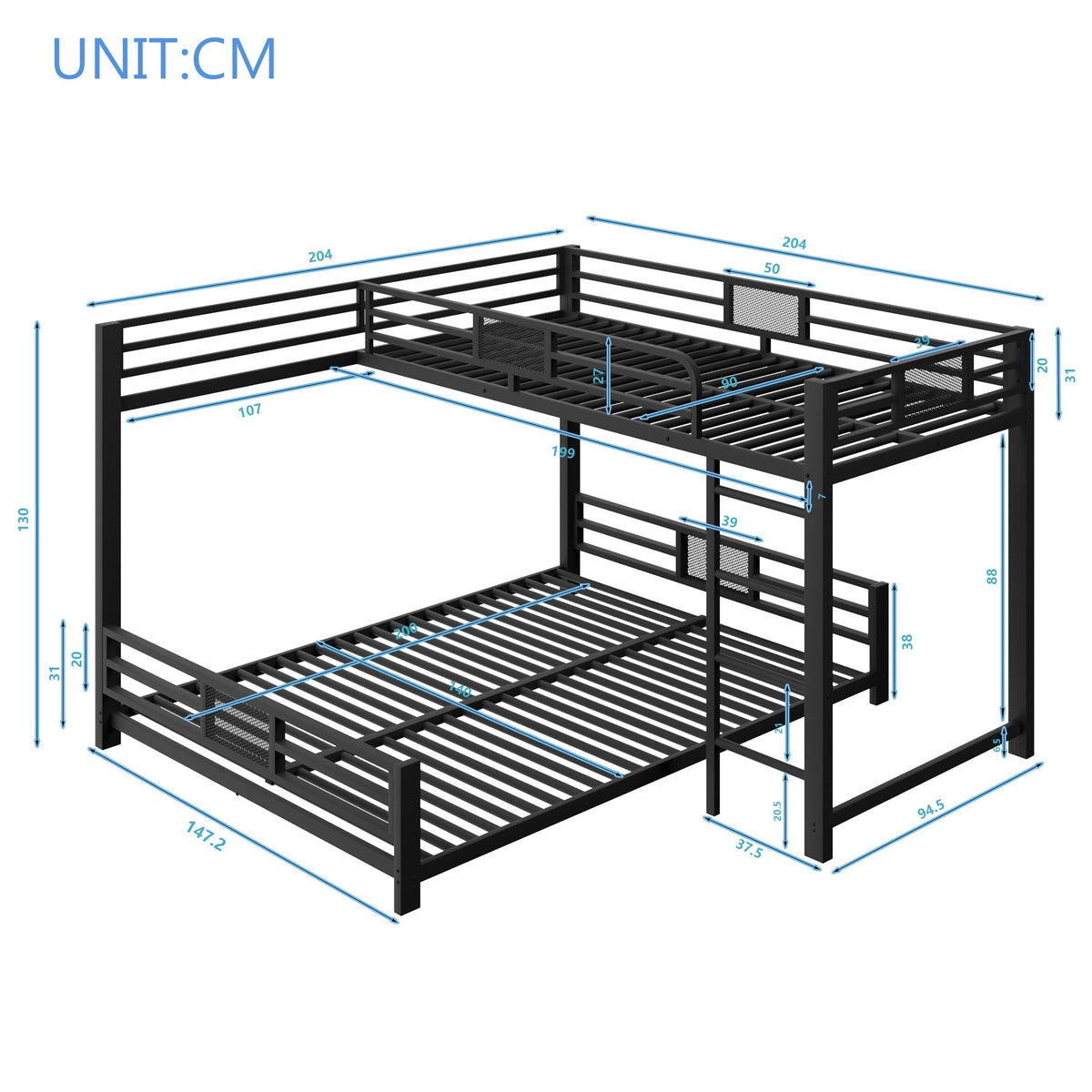 L-shaped Bunk Bed 90x200 over 140x200, Metal, Black