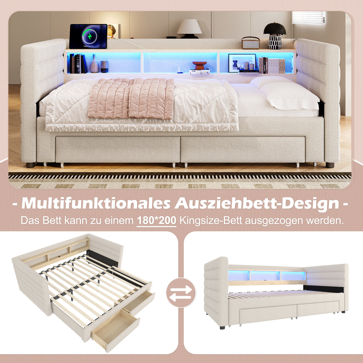 Daybed Sofa Bed 90x190cm Pull-Out Drawers USB LED, Beige Velvet
