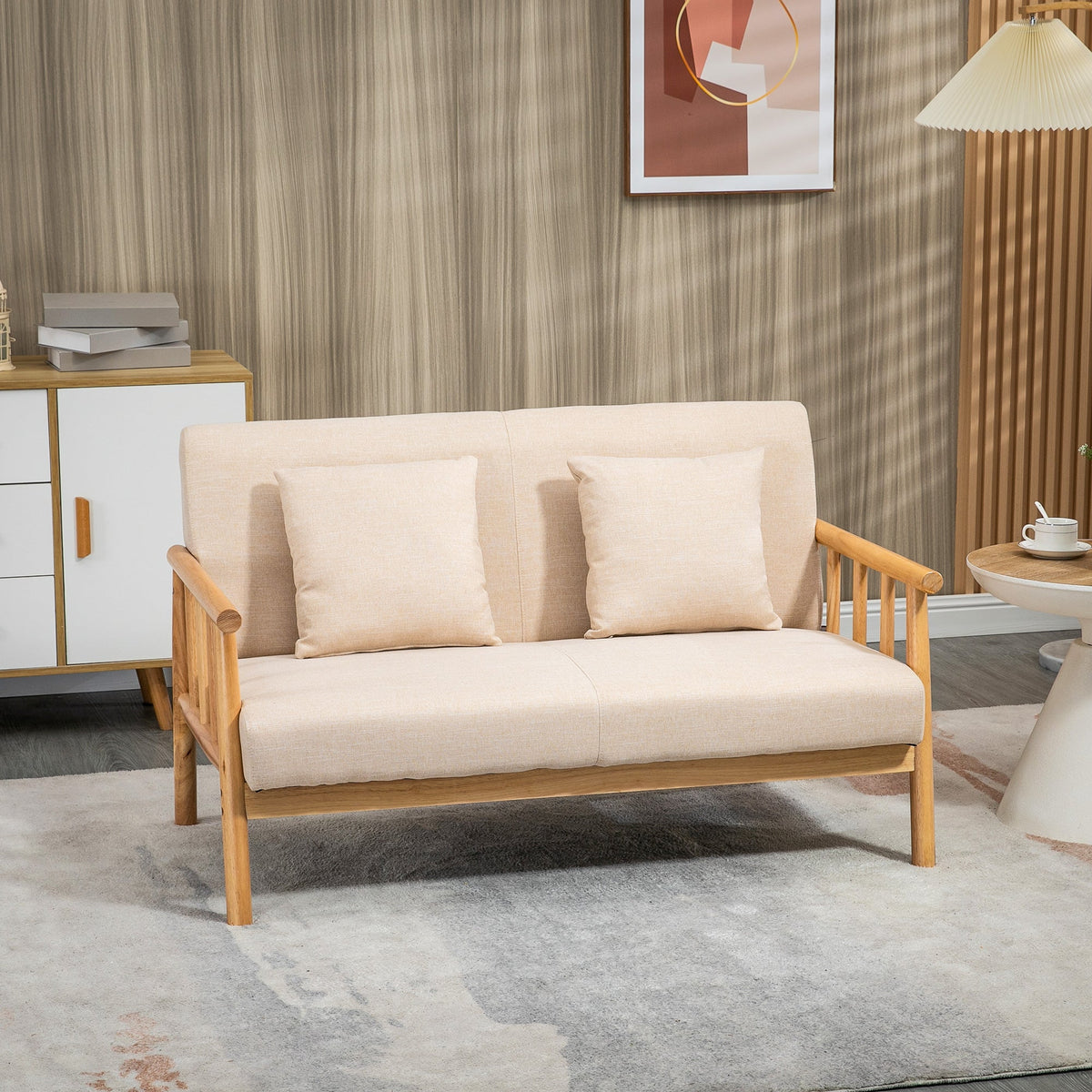 2-Seater Sofa - Upholstered Lumbar Cushions Wooden Frame Small Spaces - Linen Look Beige