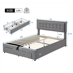 Upholstered Double Bed 140x190cm Hydraulic Storage 2 Drawers Velvet Grey