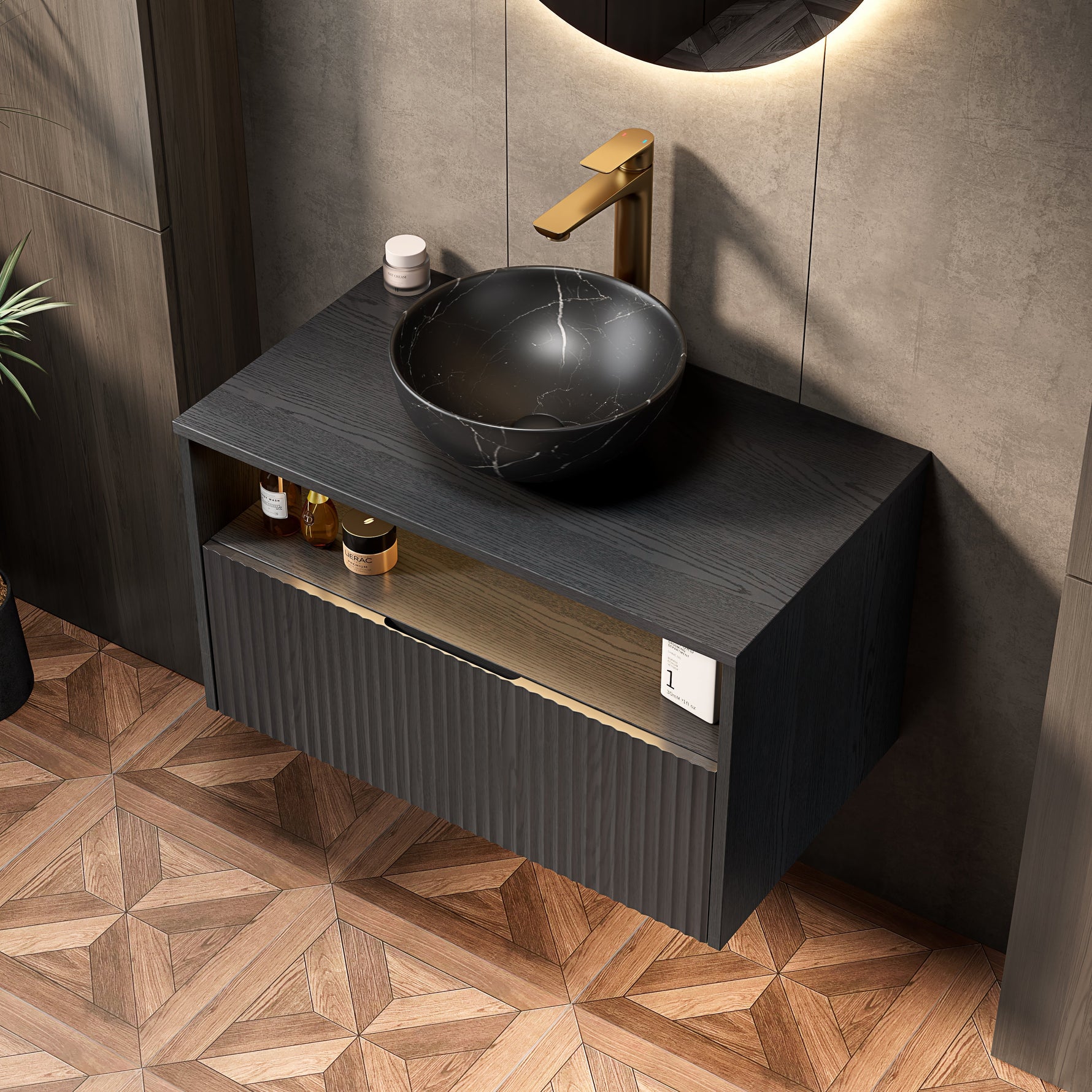 Floating Bathroom Washbasin with Ceramic Bowl and Sensor Light, 80cm Black Plywood Cabinet