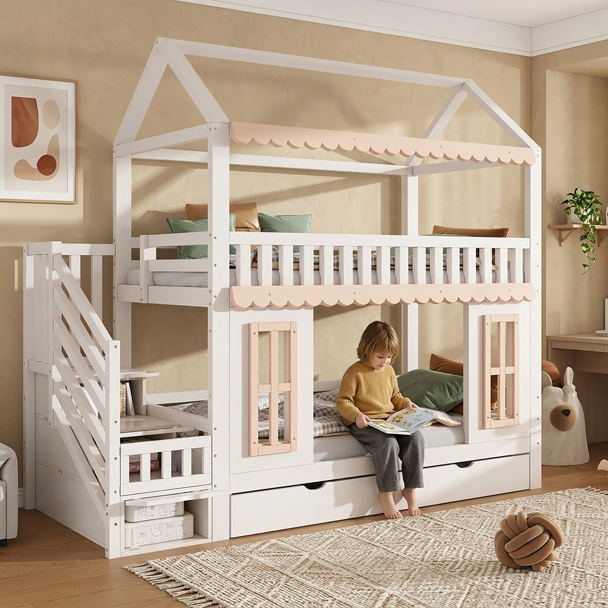 House Bunk Bed 90x200cm with Storage & Drawers, White & Natural