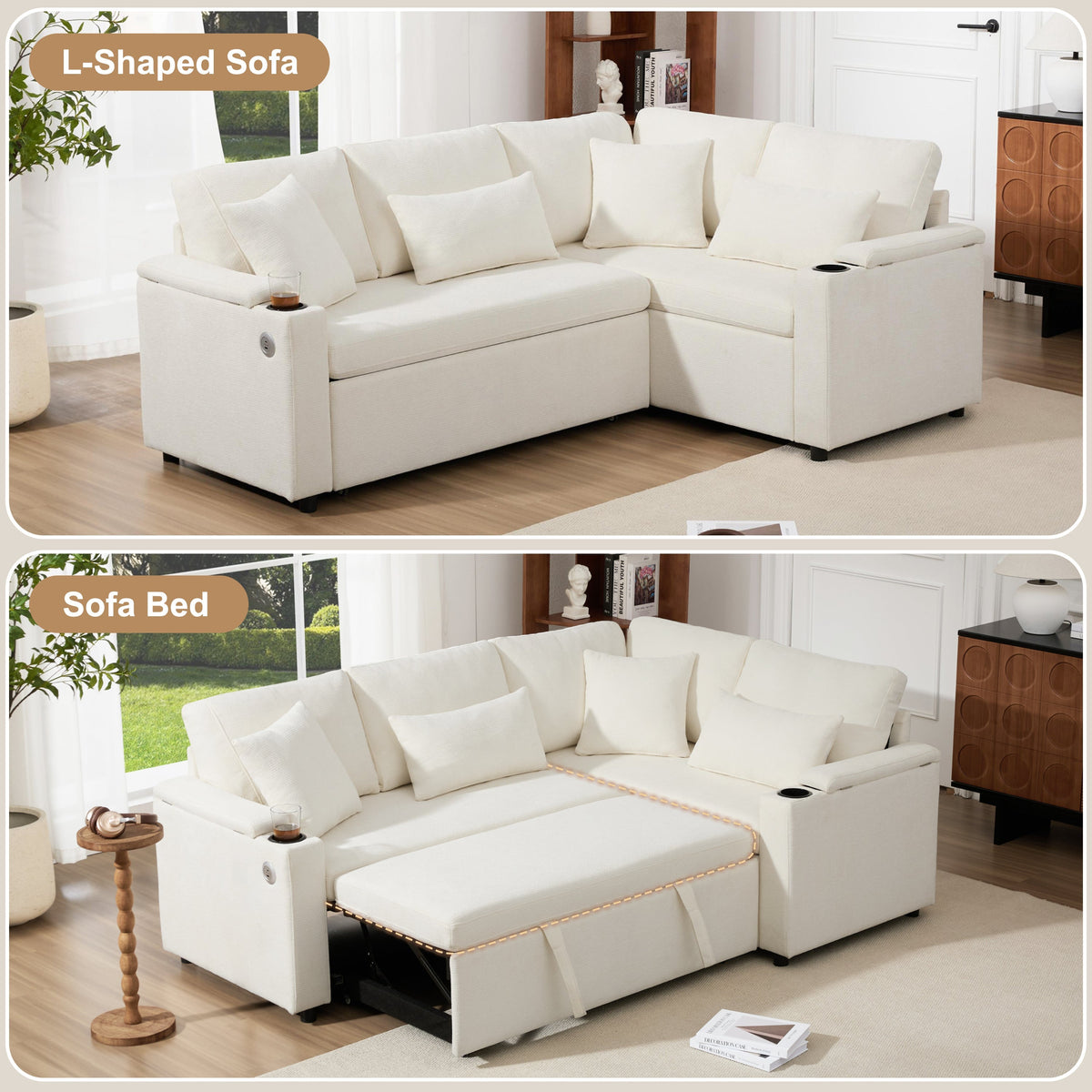 L-Shaped Corner Sofa, Extendable Chaise Storage Cup Holders USB Armrest, Beige
