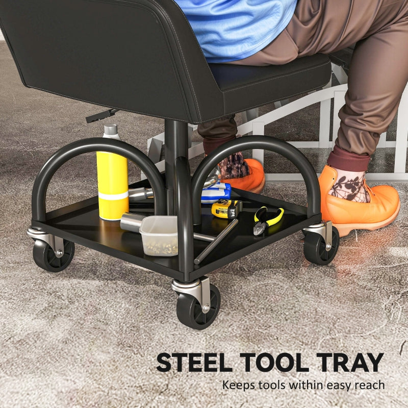 Workshop Stool with Wheels, Storage & Lumbar Support, 135 kg Load Capacity, Black