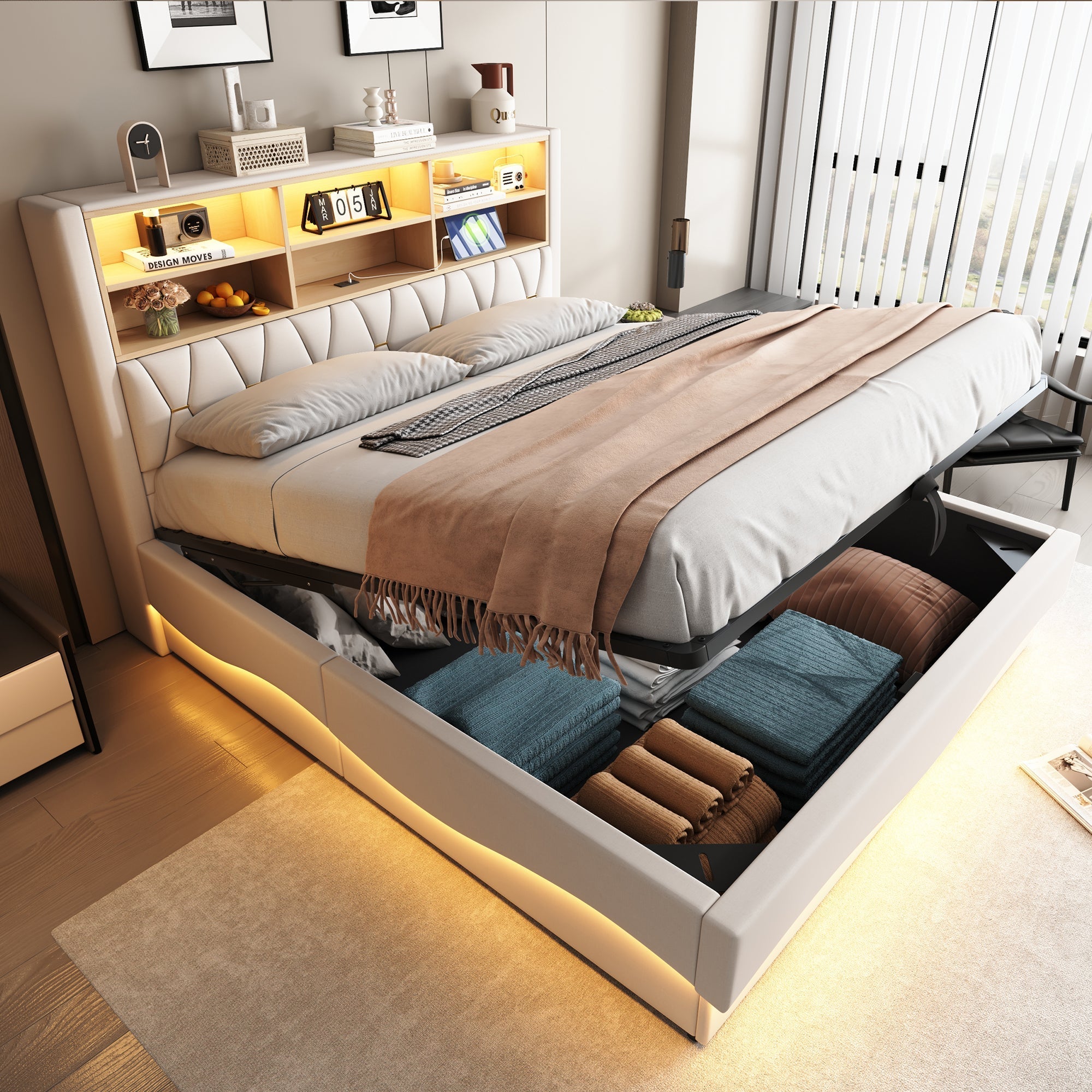 Upholstered Bed 180x200 Hydraulic Storage LED/USB Linen Beige
