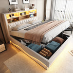 Upholstered Bed 180x200 Hydraulic Storage LED/USB Linen Beige