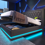 Upholstered Double Bed, 140x200 cm Hydraulic Storage with USB-C Charging & LED, Black PU
