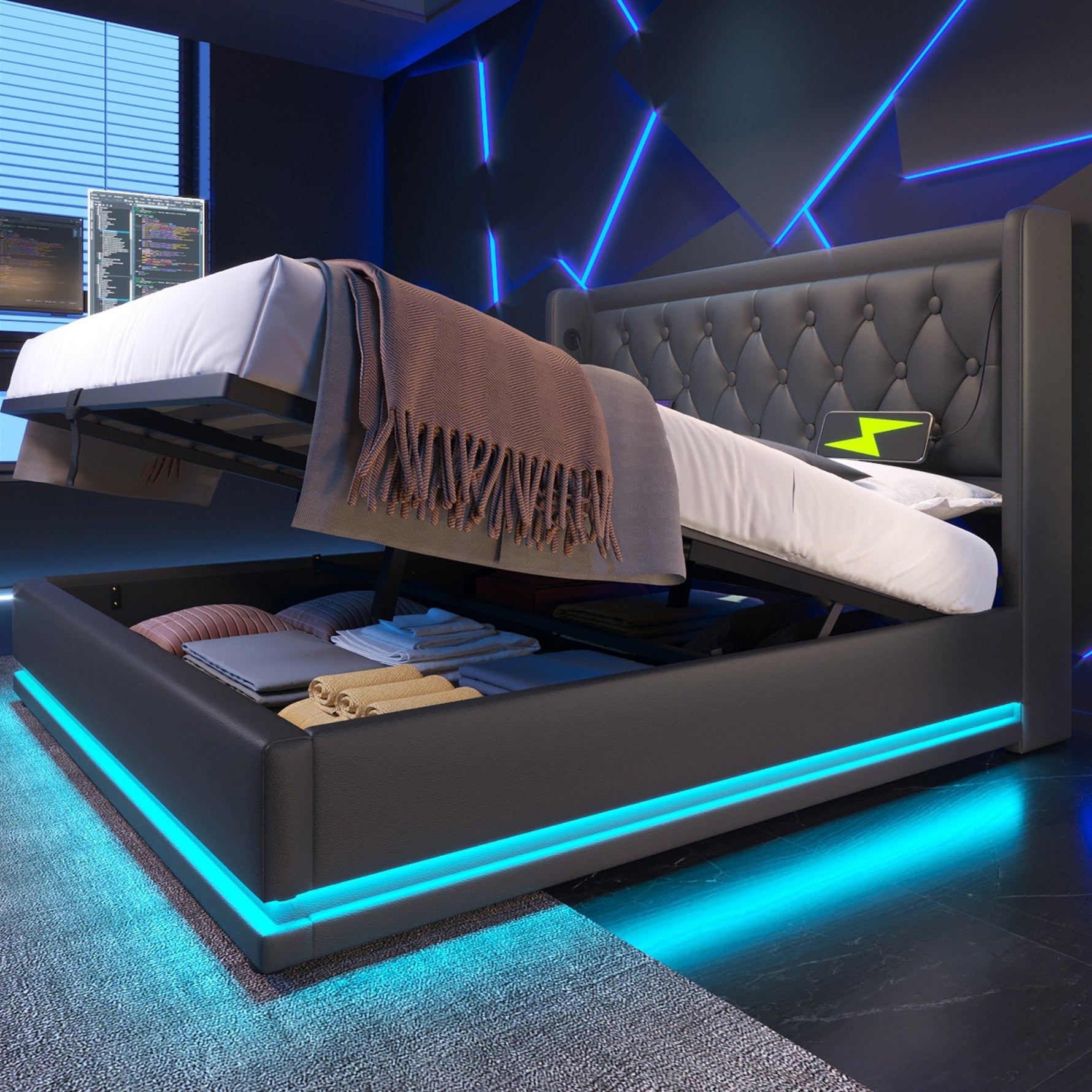Upholstered Double Bed, 140x200 cm Hydraulic Storage with USB-C Charging & LED, Black PU