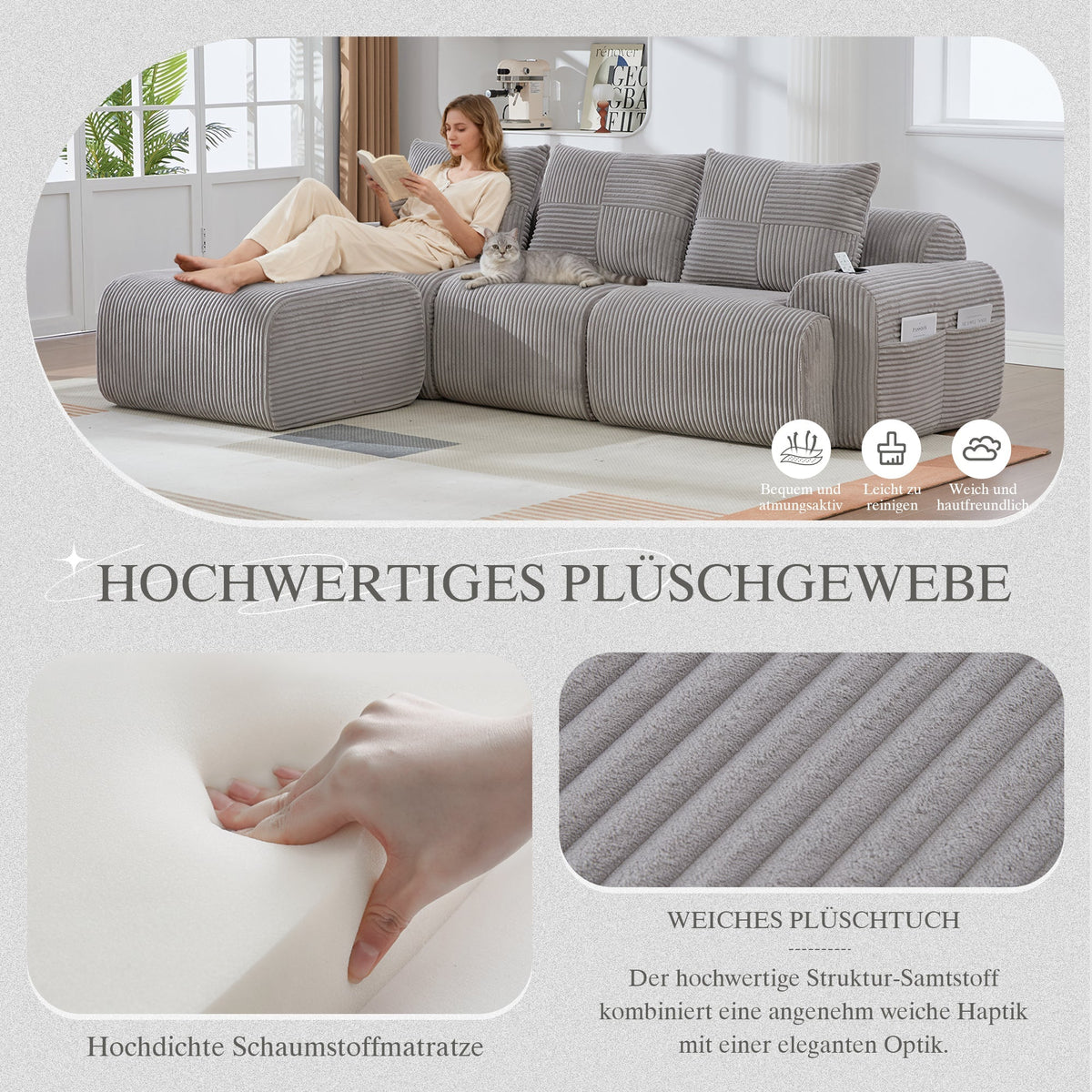 3-Seater Modular Corduroy Sofa with Ottomans, Cup Holders and Storage, Light Grey