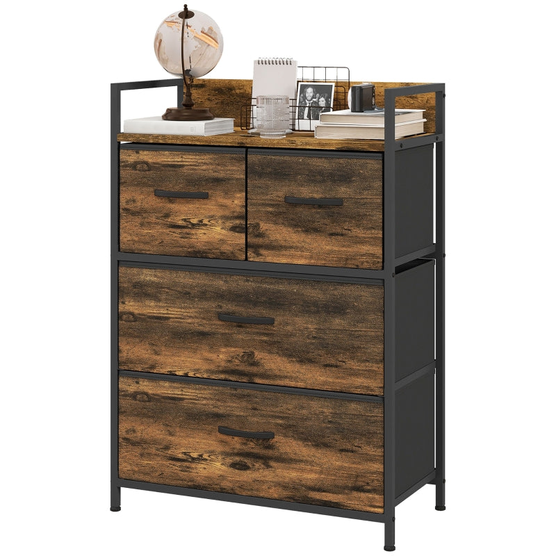 Chest of Drawers Sideboard, 4 Fabric Drawers, Industrial, Brown/Black