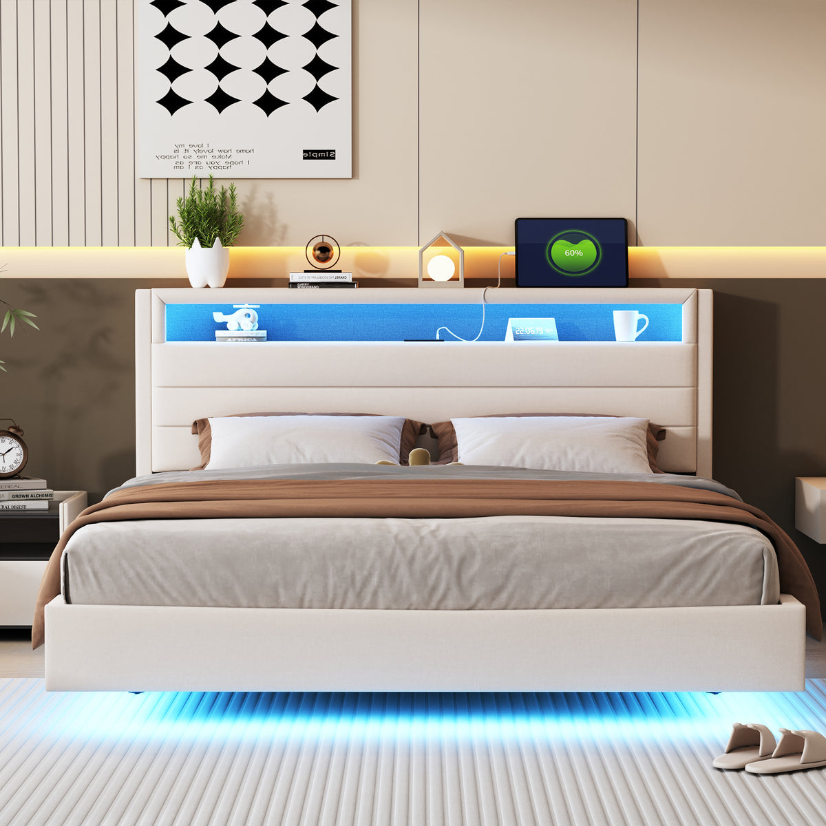 Upholstered Bed 160x200 cm with USB & LED Light, Beige Linen