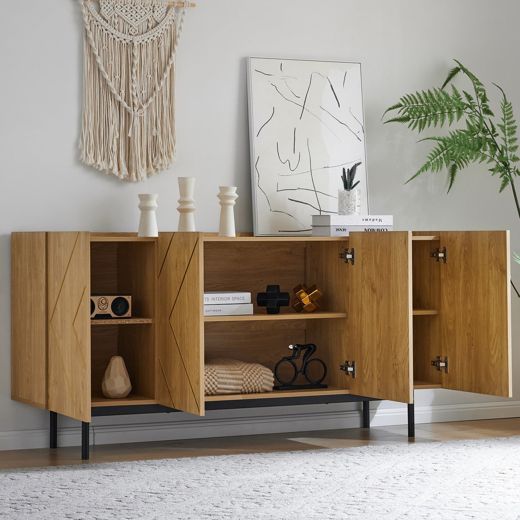 Sideboard living room buffet cabinet with 4 doors and metal inlay natural wood