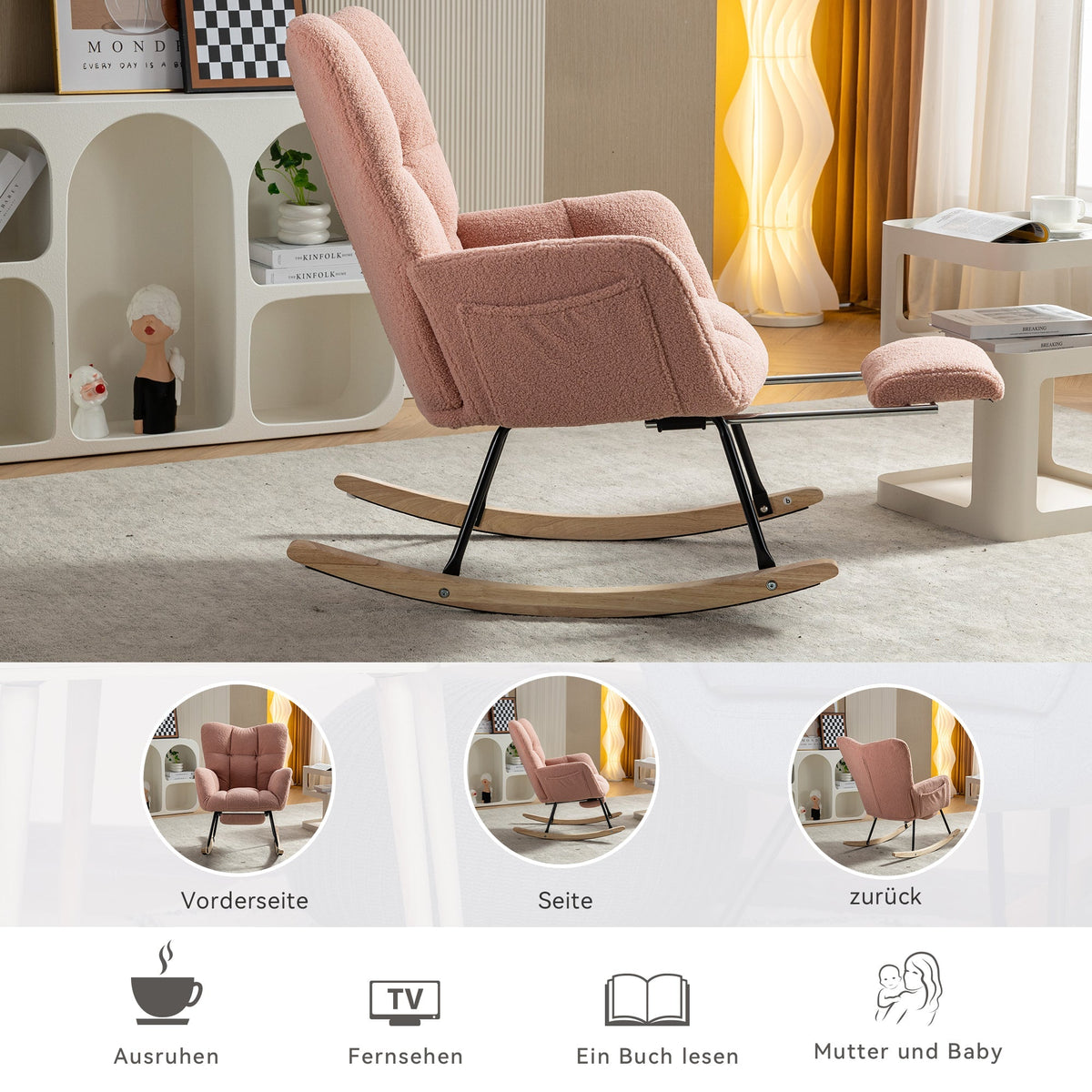 009B Rocking Chair Modern Padded Extendable Footrest Teddy Fabric Pink