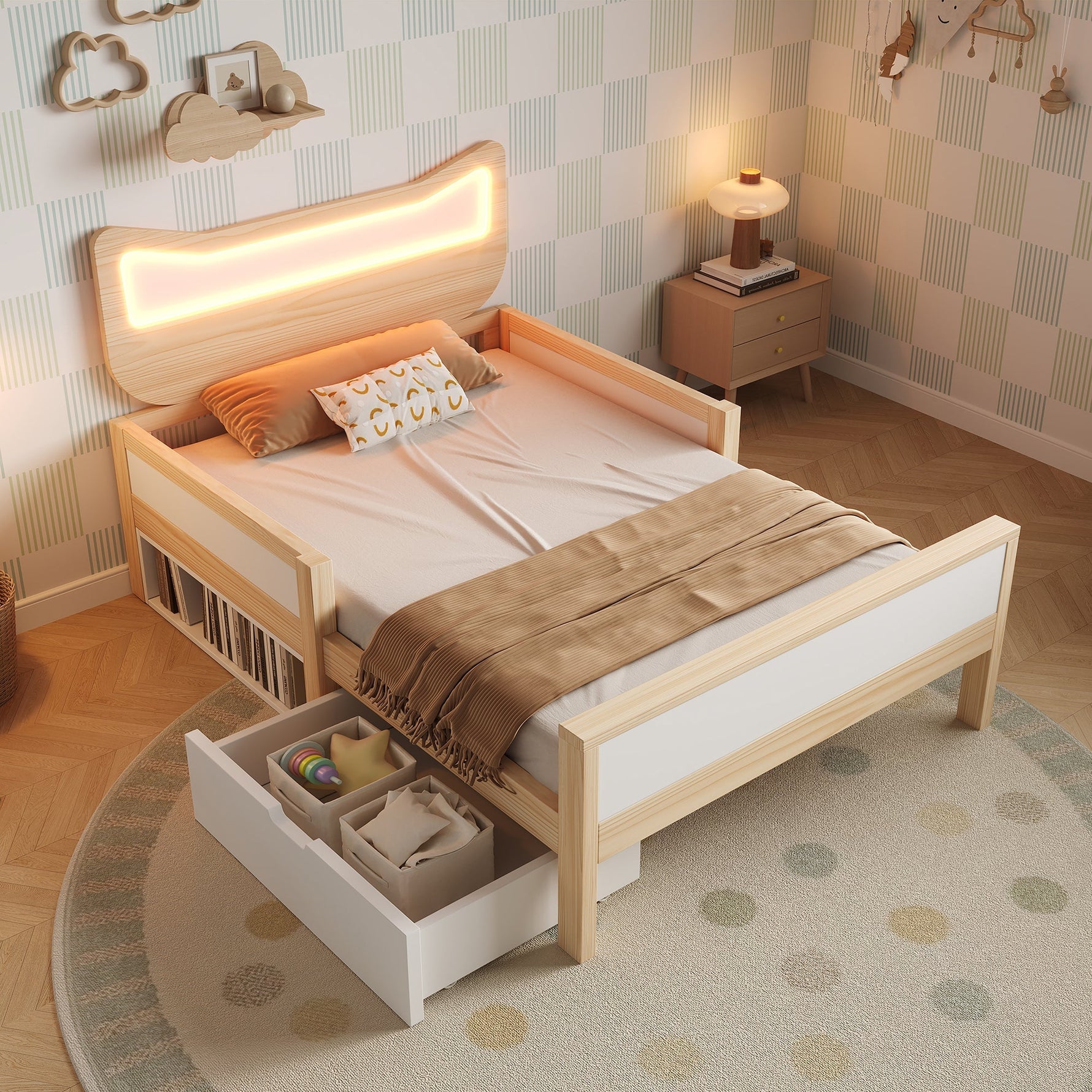 Children's Bed with Cat Ear Headboard, RGB LED Lighting, Storage Drawer and Safety Rails, 90x190cm, White and Oak