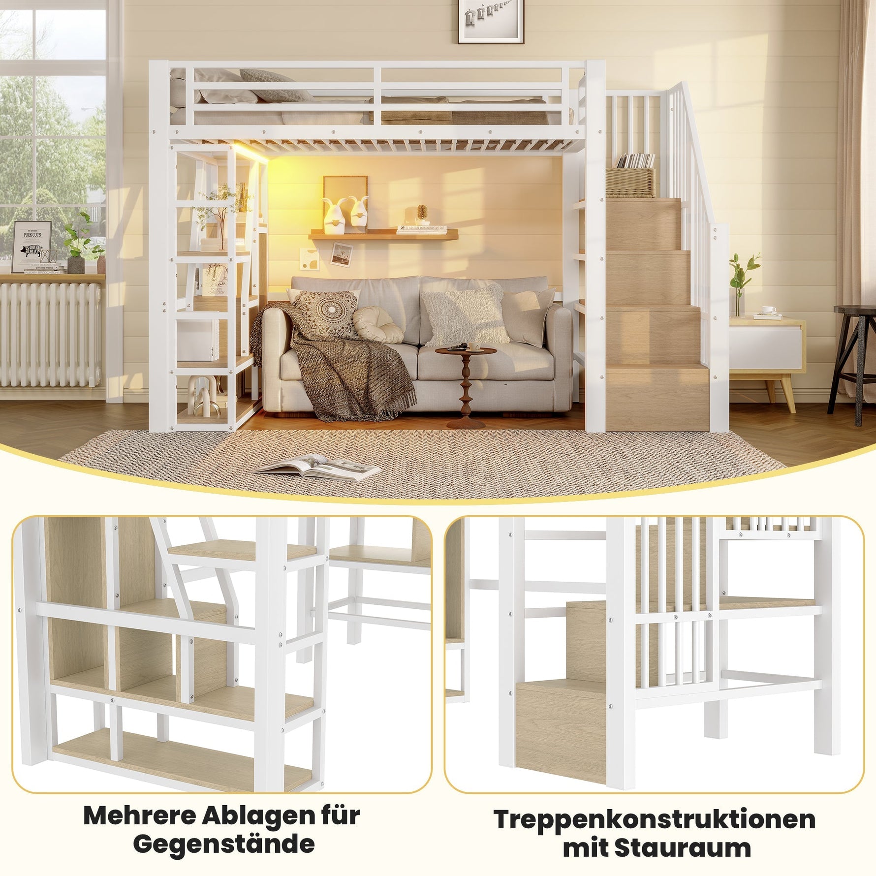 Loft Bed with Storage Steps, LED Lights and Iron Frame, 90 x 200 cm, White