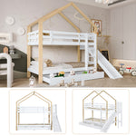 House Bunk Bed with Slide & 2 Drawers, 90x200cm, Solid Wood White