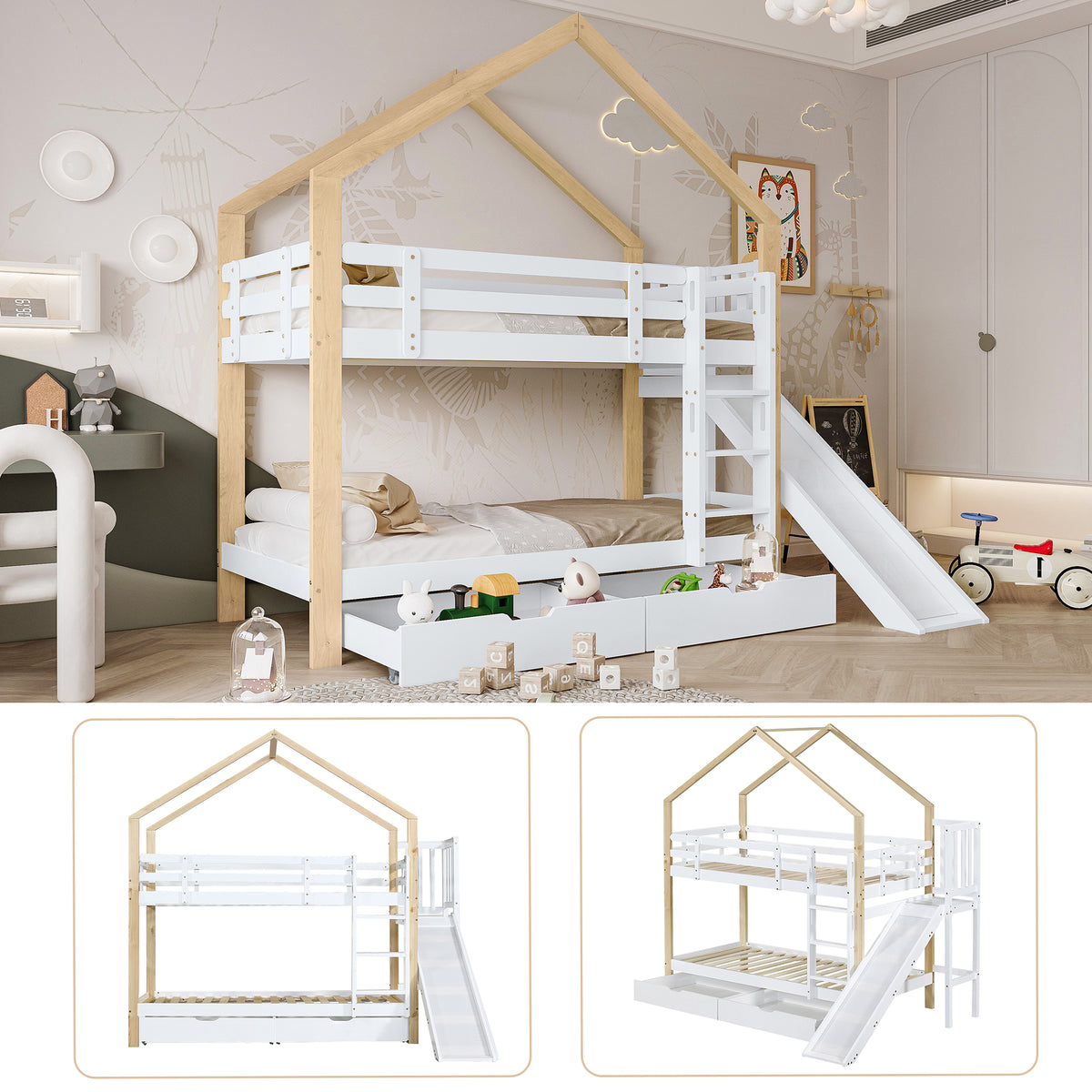 House Bunk Bed with Slide & 2 Drawers, 90x200cm, Solid Wood White