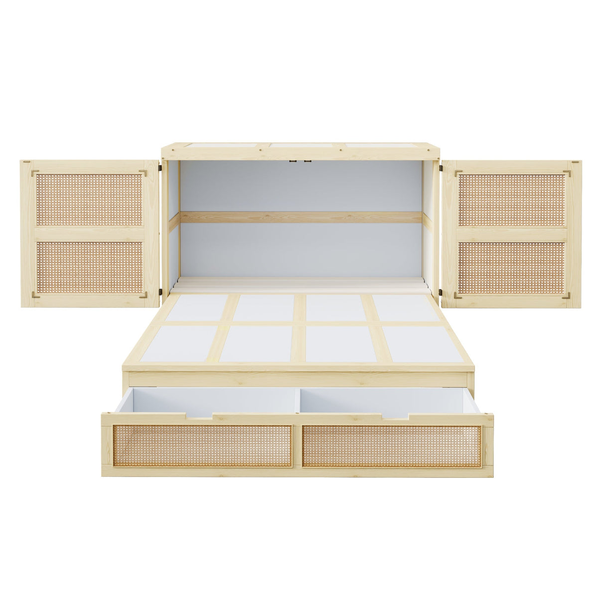 Vertical Wall Bed with Slatted Base and Storage Drawers, 140 x 200 cm, Wood Color