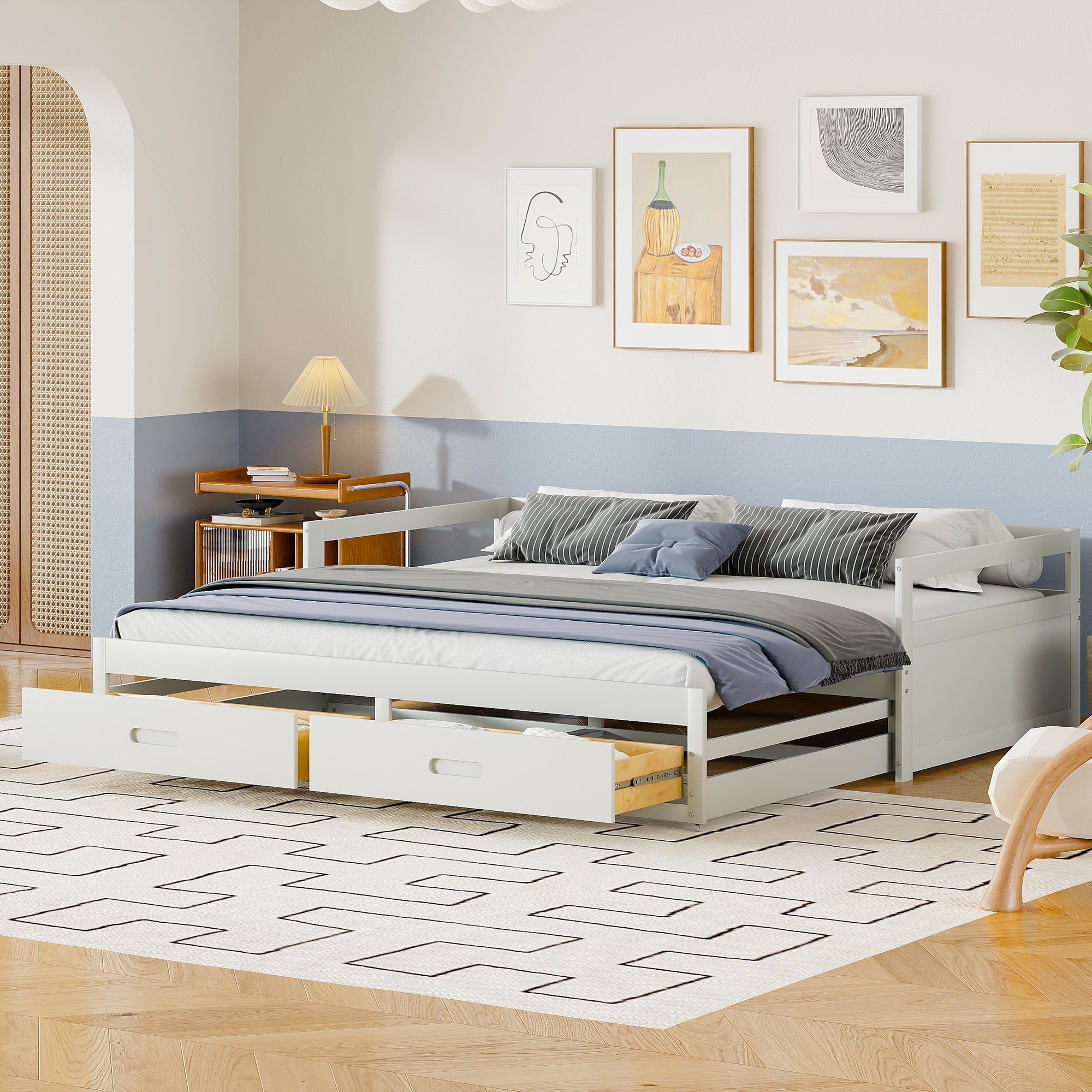 Pull-out Sofa Bed, 90/180x200 cm, Drawers & Slatted Frame, Pine Wood, White
