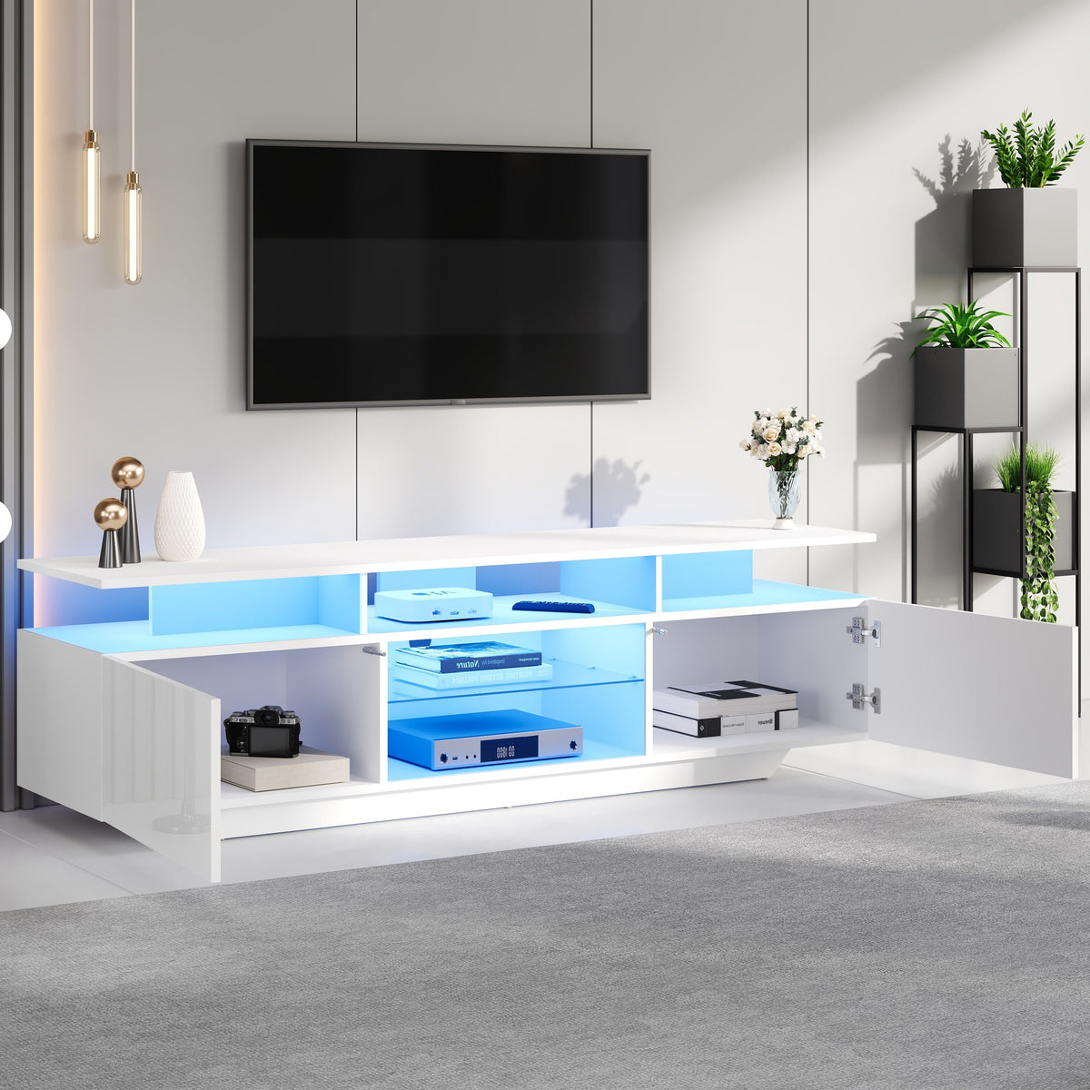 TV Cabinet 160x45cm High-Gloss LED Light 8 Shelves for 70-Inch TV, MDF