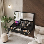 Wall-Mounted Vanity Table with Mirror, 3 Drawers, Power Outlets, Tablet/Card Slot, Drink Holder, Black