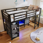 Mid-Height Bed with LED Lighting and Fabric Storage, 90x200 cm, Black Metal