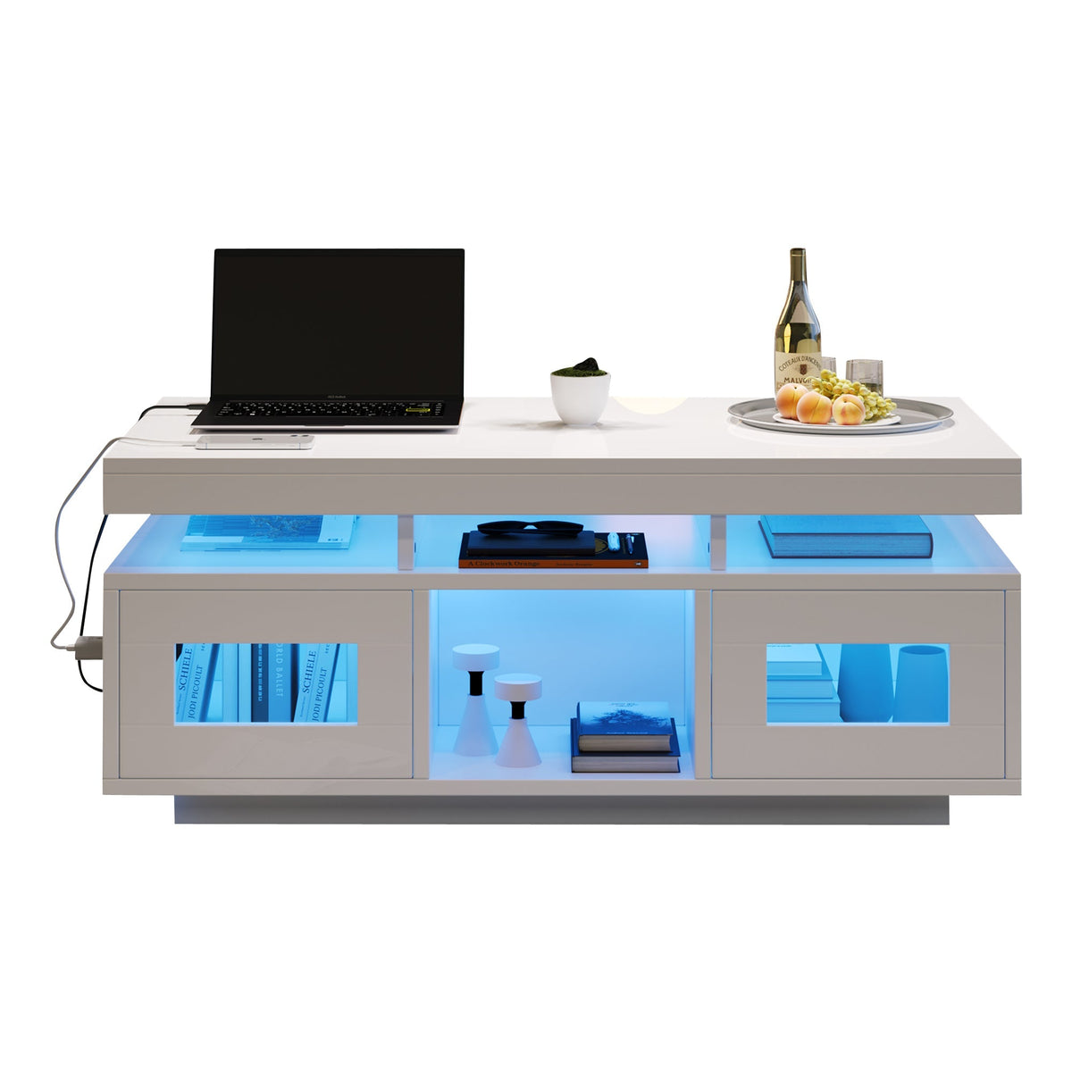 Coffee Table 100x50x43cm LED Lights Charging Port High-Gloss White