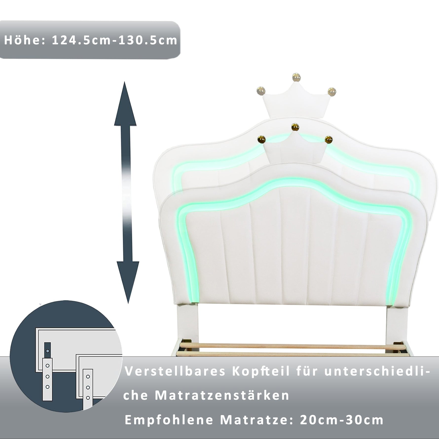 Children's Bed Upholstered Single Crown Girl's with Storage Drawers & LED Lights, White PU Leather