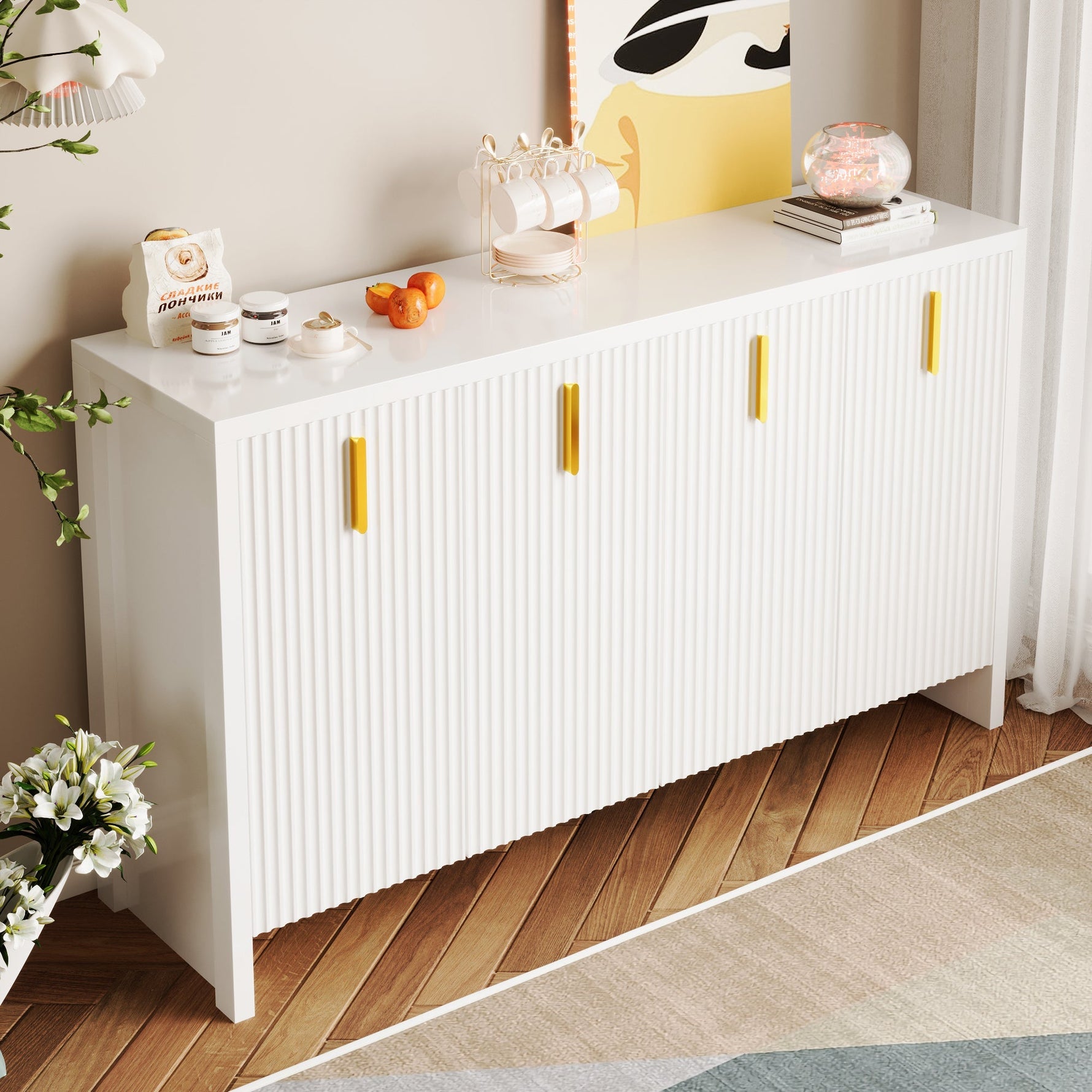 Sideboard, Minimalist with Golden Handles & Adjustable Dividers, White