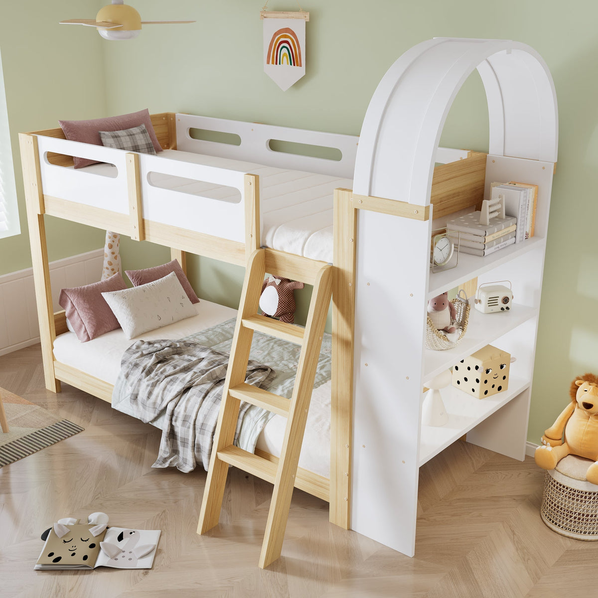 Bunk Bed 90x200cm 3-Tier Shelf Ladder Slatted Base - White/Natural Pine
