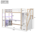 Wooden Loft Bed 90x200cm Wardrobe Desk Storage Stairs LED Sockets Wood Color