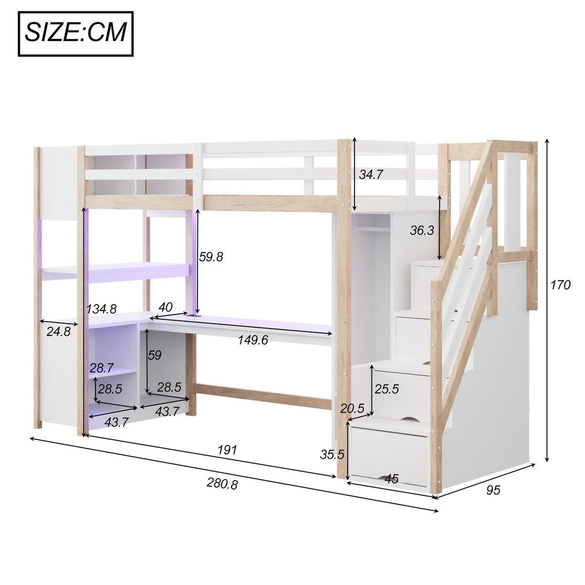 Wooden Loft Bed 90x200cm Wardrobe Desk Storage Stairs LED Sockets Wood Color