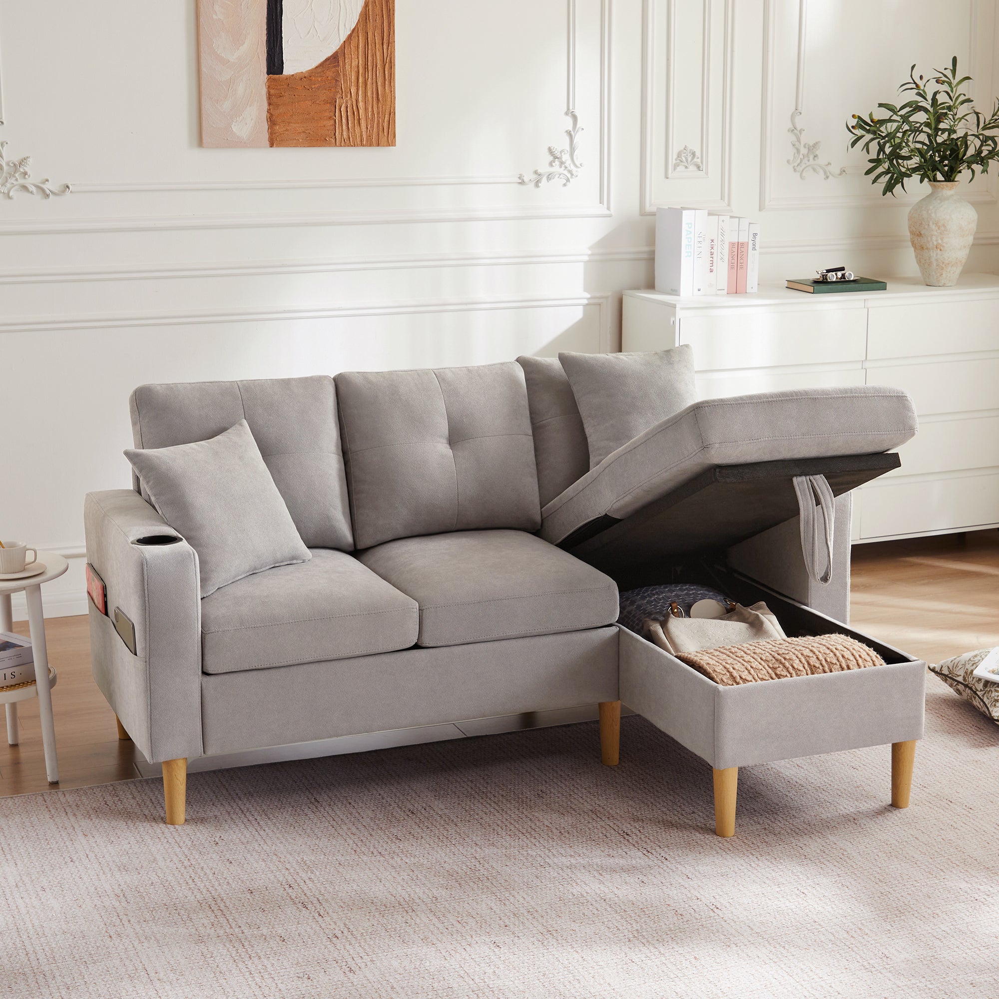 L-Shaped Sofa, 3-Seater with Chaise, Storage, Cup Holder, 2 Pillows
