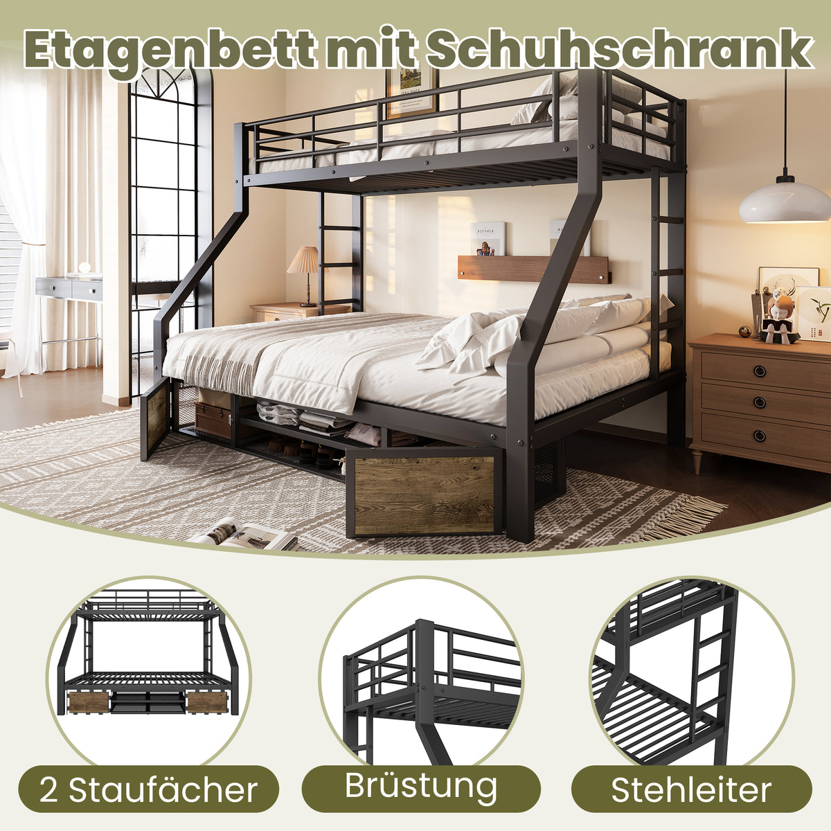 Children's Bunk Bed with Storage & Ladder 90x200/140x200 cm, Black
