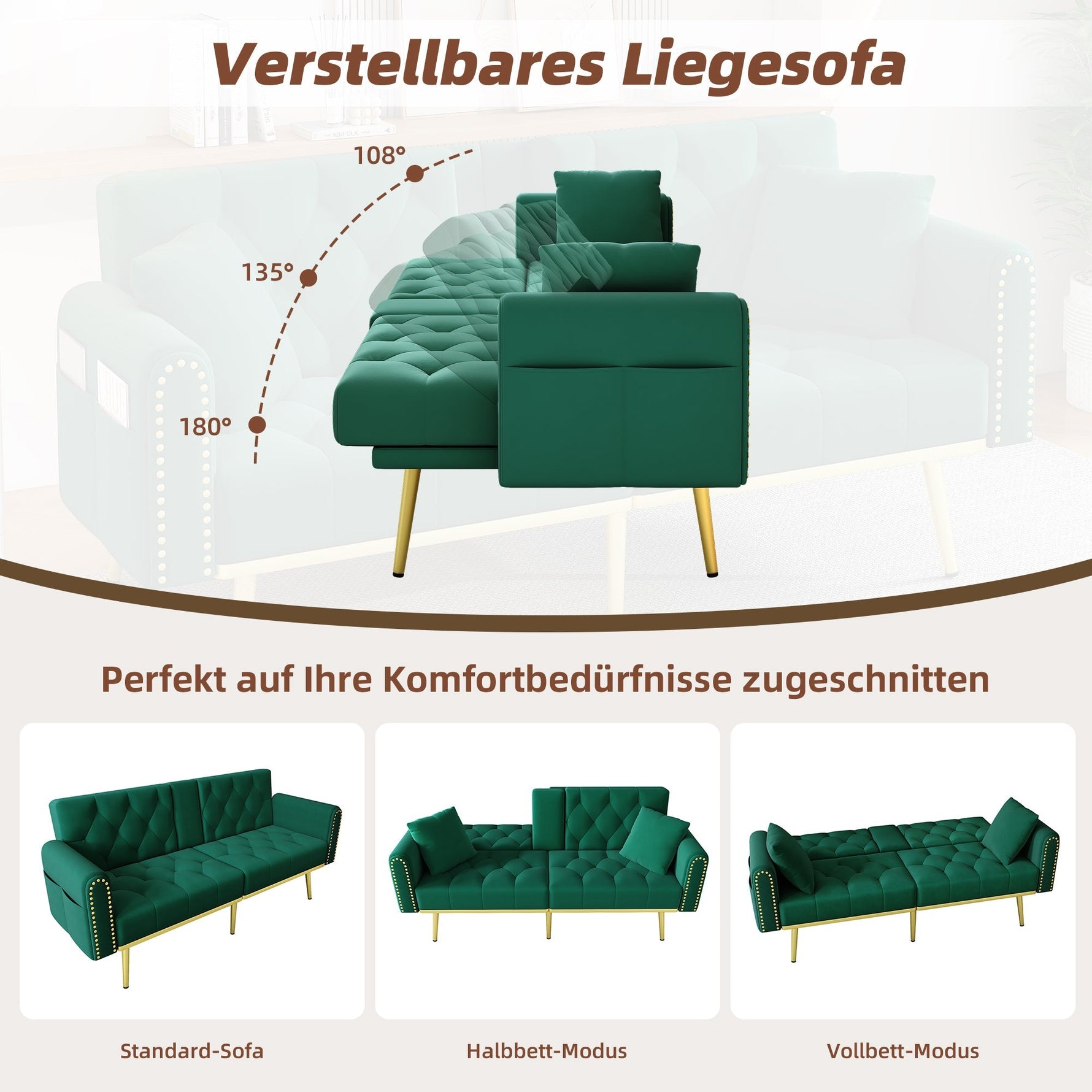 Double Fold-out Sofa Bed Reclining 3-Angle Cup Holders - Fabric Green