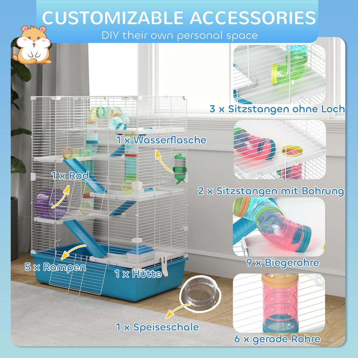 Hamster Cage, 6-Story with Tubes Tunnels Wheel Ramps, Light Blue