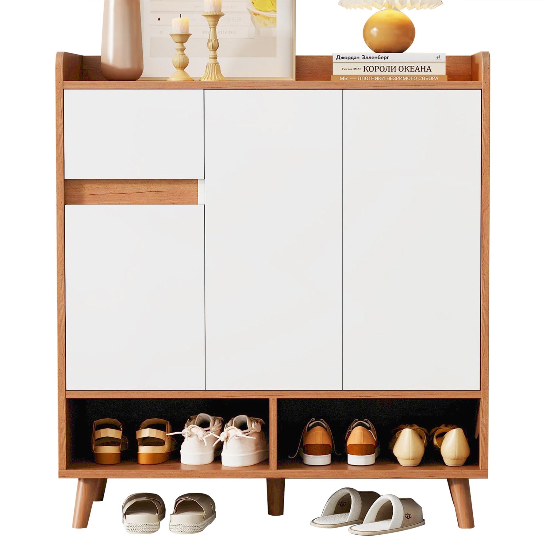 Chest of drawers with adjustable shelves, minimalist home organizer with solid wood legs
