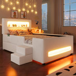Upholstered Platform Bed 90x200cm Stairs Drawers LED USB Storage Pockets - White