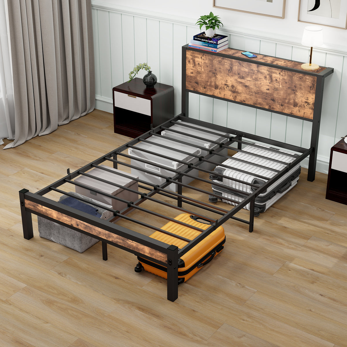 Metal Platform Bed Frame 120x200cm Storage Headboard, Vintage Brown