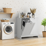 Tilting Laundry Basket Cabinet with Removable Hamper and Storage, Freestanding Bathroom Organizer, White MDF
