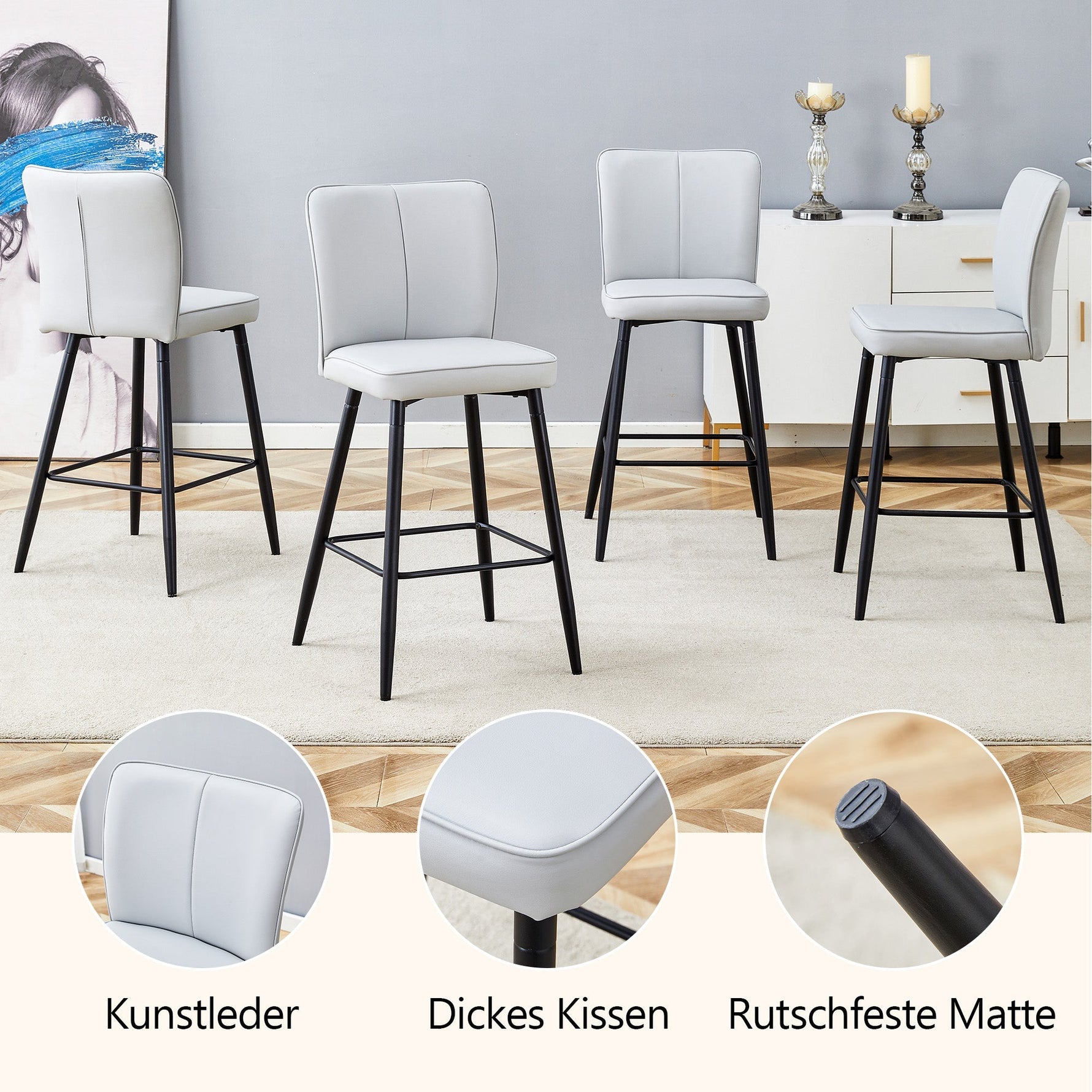 Bar Chair Set 2-Piece 101cm High Ergonomic Backrest - Light Grey PU