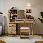 Modern Dressing Table with Retractable Mirror & Stool, Natural Wood