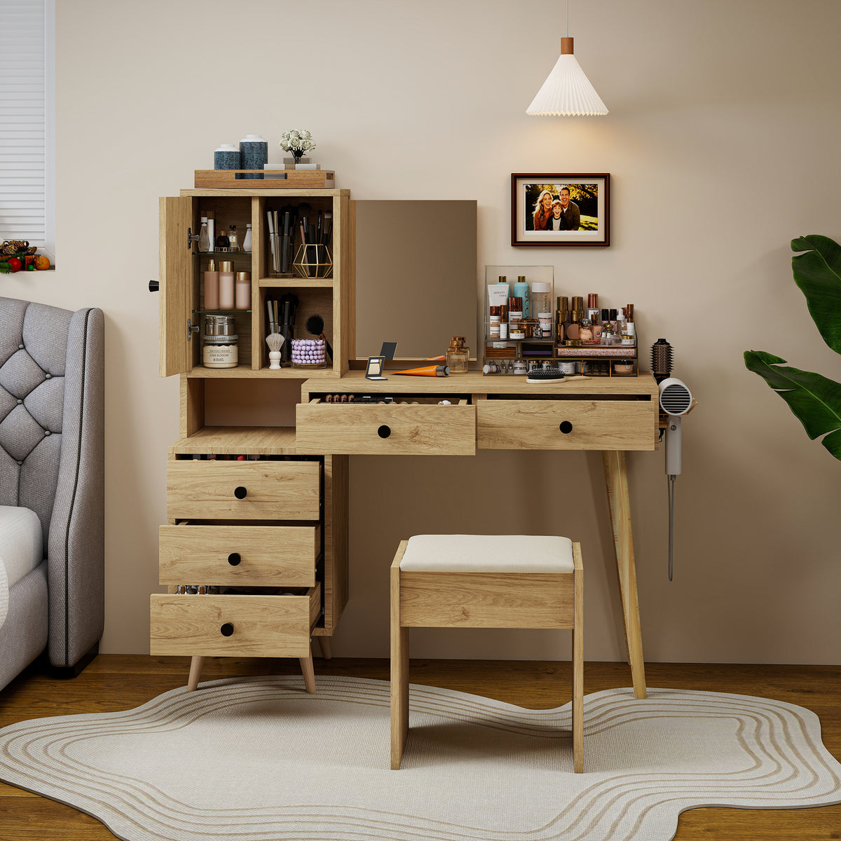 Modern Dressing Table with Retractable Mirror & Stool, Natural Wood