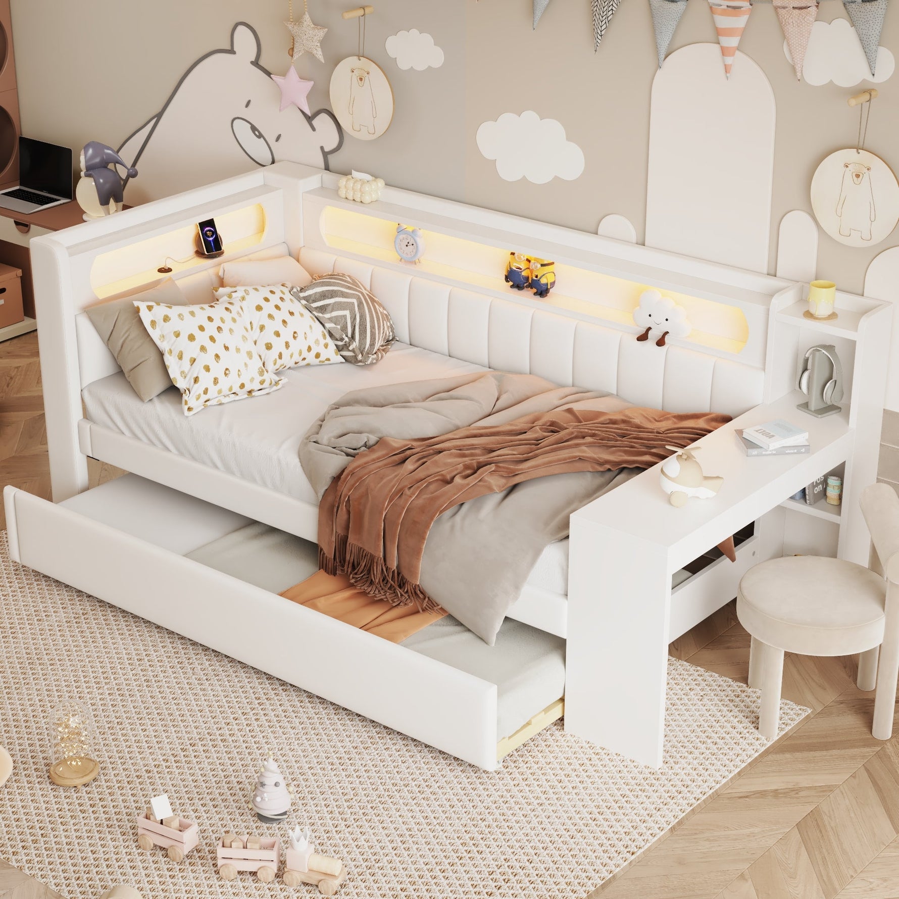 Daybed Upholstered 90x200cm Pull-out Bed Desk LED USB - White